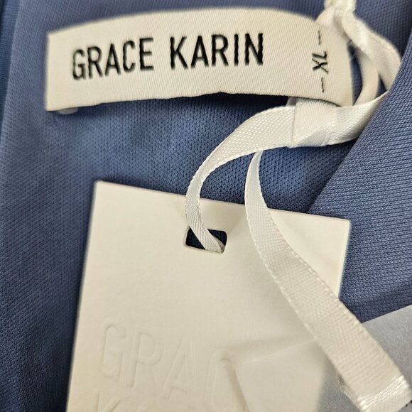 Grace Karin Womens XL Blue Midi Dress Tie Waist & V-Neck Stylish Slit Elegant - Picture 12 of 12